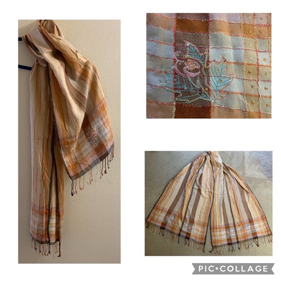 Autumn Leaves Shawl Wrap Table Runner-Orange Brown Sequins Fall Thanksgiving - Picture 1 of 6